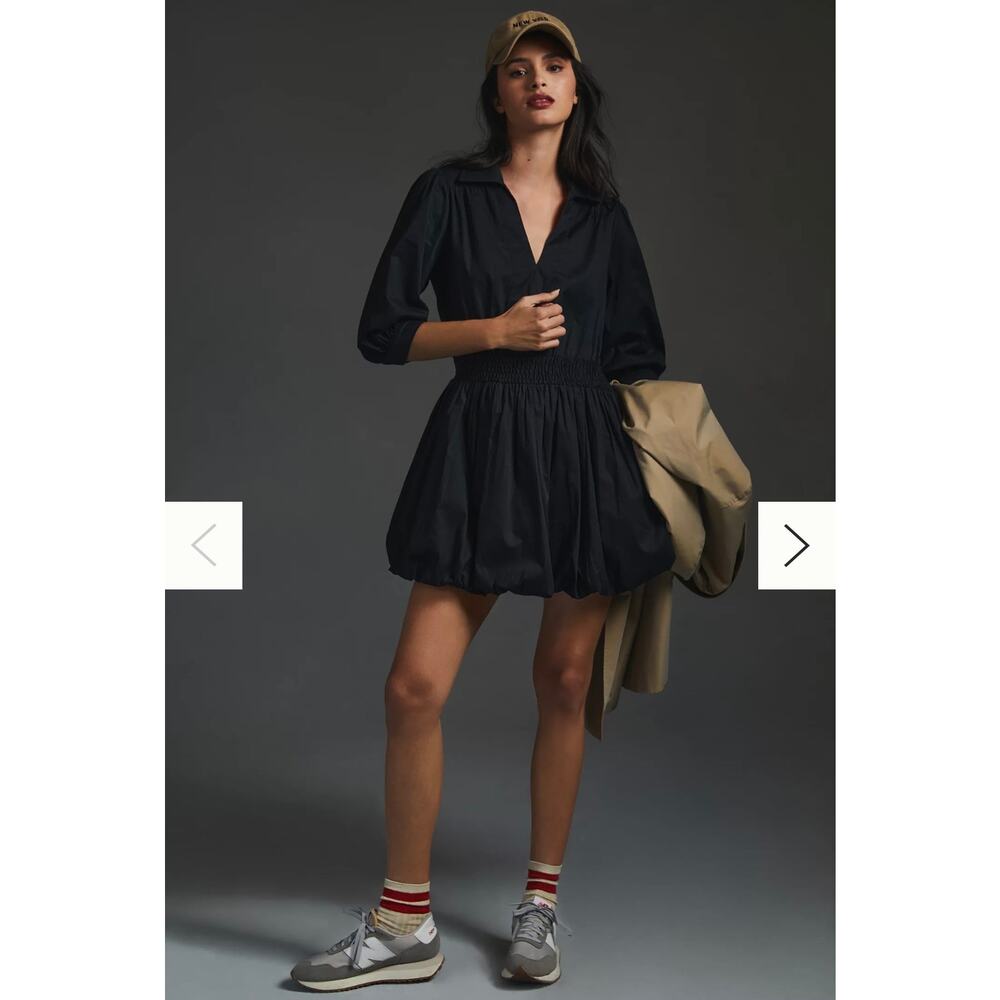 ANTHROPOLOGIE Porridge | Long-sleeve V-neck Bubble-hem Mini Dress | S - Picture 3 of 6